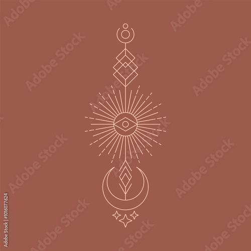 Celestial symbols, Thin line spiritual illustration. Magic occult emblems