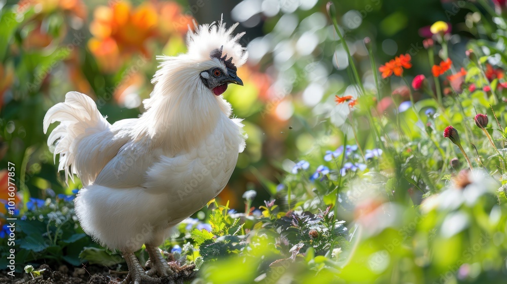 Fototapeta premium White Silkie Rooster Standing in a Garden of Flowers