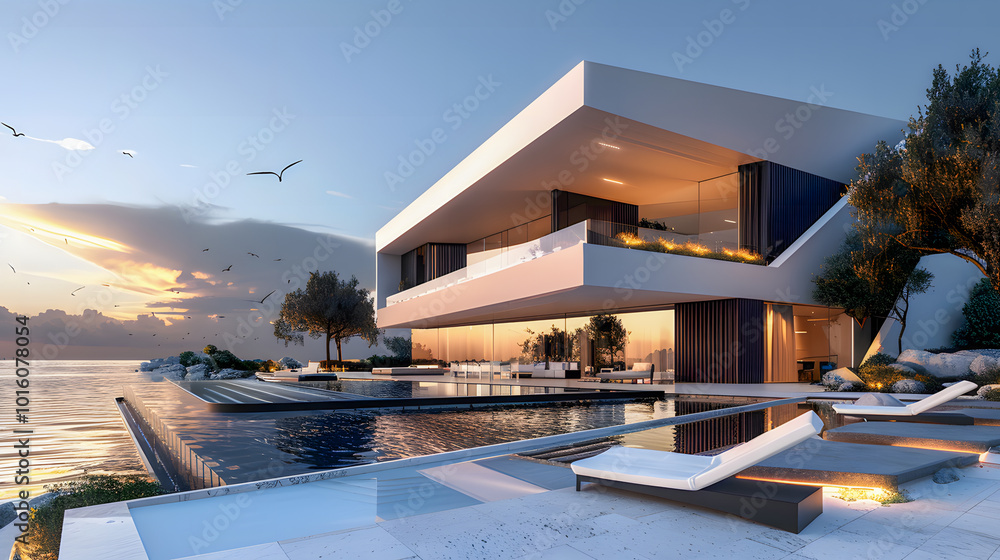 Fototapeta premium Sleek and Sophisticated Seaside Villa with Striking Pool Design and Minimalist Aesthetic