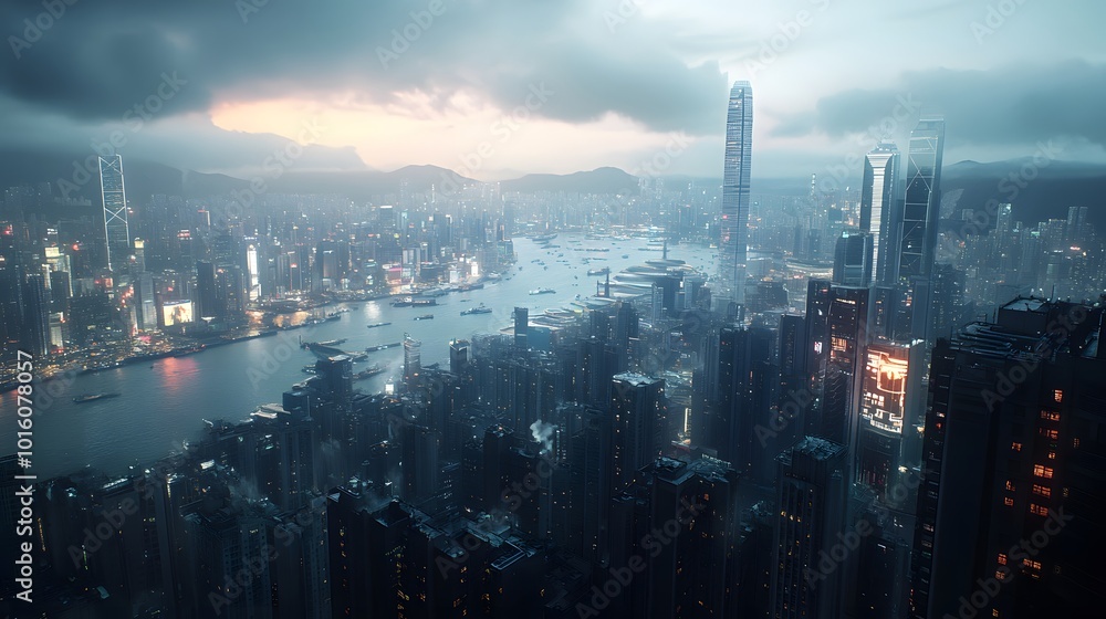 A panoramic view of a bustling cityscape at dusk. A panoramic view of a bustling cityscape at dusk.