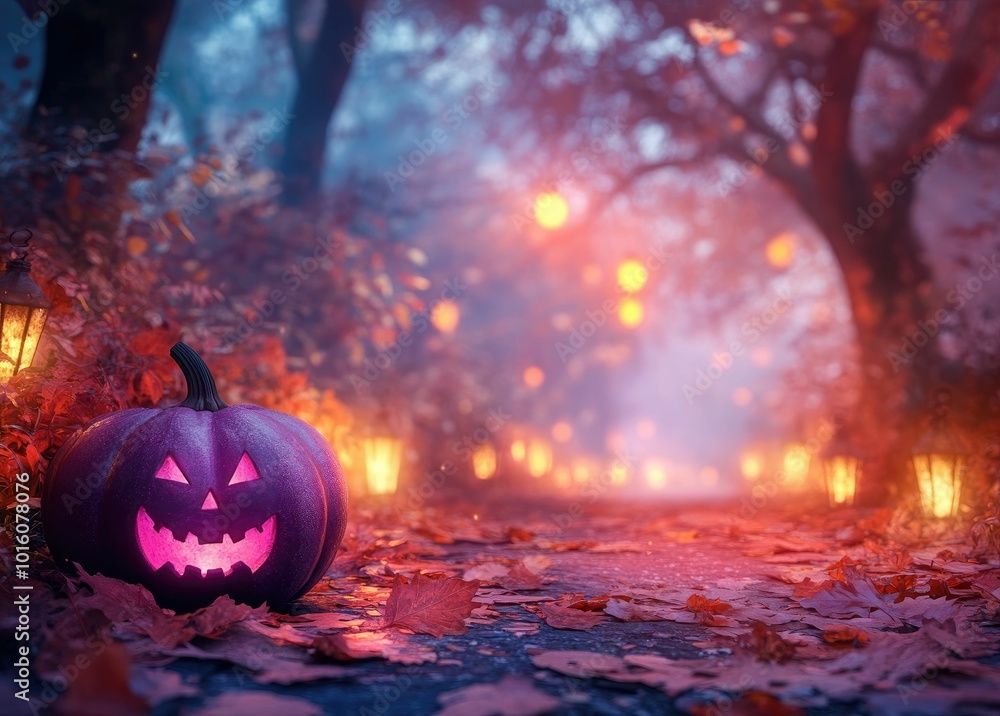 Naklejka premium Halloween pumpkin in purple and pink colors on the background