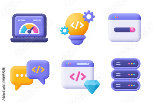 Web development , SEO, coding and programming 3d vector icon set. Cartoon minimal style.