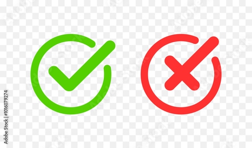 A simple icon set featuring two bold symbols a green circle with a white checkmark and a red circle with a white cross, error or rejection.