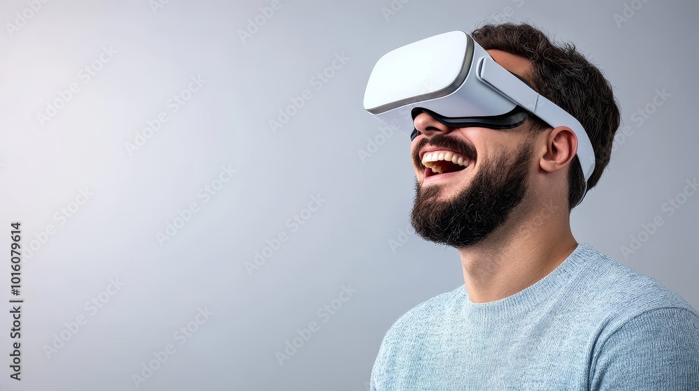 Smiling Bearded Man Enjoying Experience of Using Virtual Reality Glasses on Gray Background Smiling Bearded Man Enjoying Experience of Using Virtual Reality Glasses on Gray Background