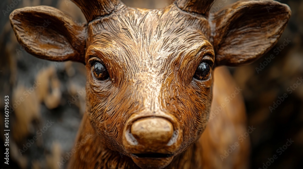 Close-up of a carved wooden deer figurine with large, expressive eyes. Close-up of a carved wooden deer figurine with large, expressive eyes.