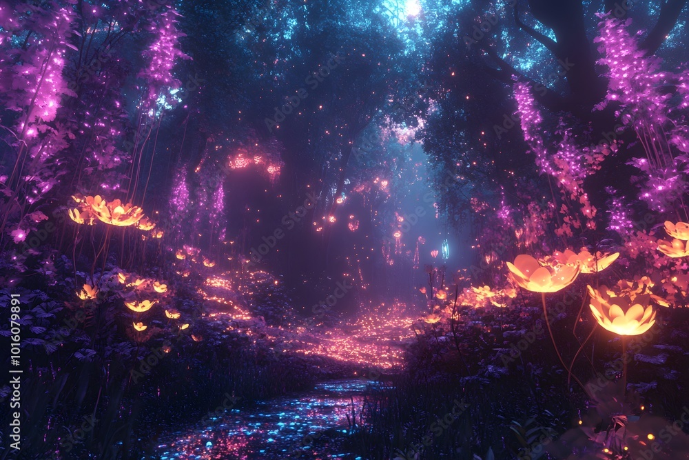Enchanted forest with glowing flowers and ethereal lighting. Enchanted forest with glowing flowers and ethereal lighting.