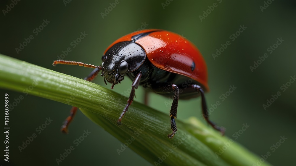 A close-up shot of a red ladybug with black spots perched on a green plant stem, with a blurred green background. A close-up shot of a red ladybug with black spots perched on a green plant stem, with a blurred green background.