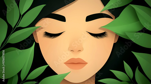 A woman with closed eyes is embraced by lush green leaves, symbolizing nature, minimal illustration