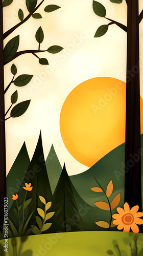 A colorful sunset illuminates a serene forest filled with vibrant plants, minimal illustration