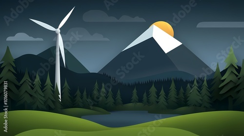 A wind turbine towers by mountains at sunset, highlighting sustainability, minimal illustration