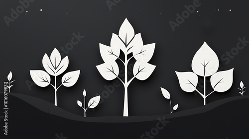 Stylized trees and plants demonstrate concepts of sustainability and nature, minimal illustration