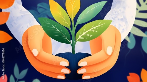 A pair of hands gently holding a new plant, emphasizing care for nature, minimal illustration