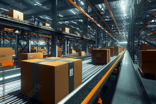 A modern warehouse interior with conveyor belts transporting cardboard boxes for efficient logistics and distribution.