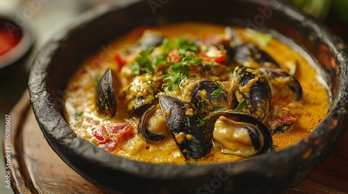 Fototapeta Naklejka Na Ścianę i Meble -  Close-up of a creamy mussel curry in a rustic bowl, garnished with fresh herbs.