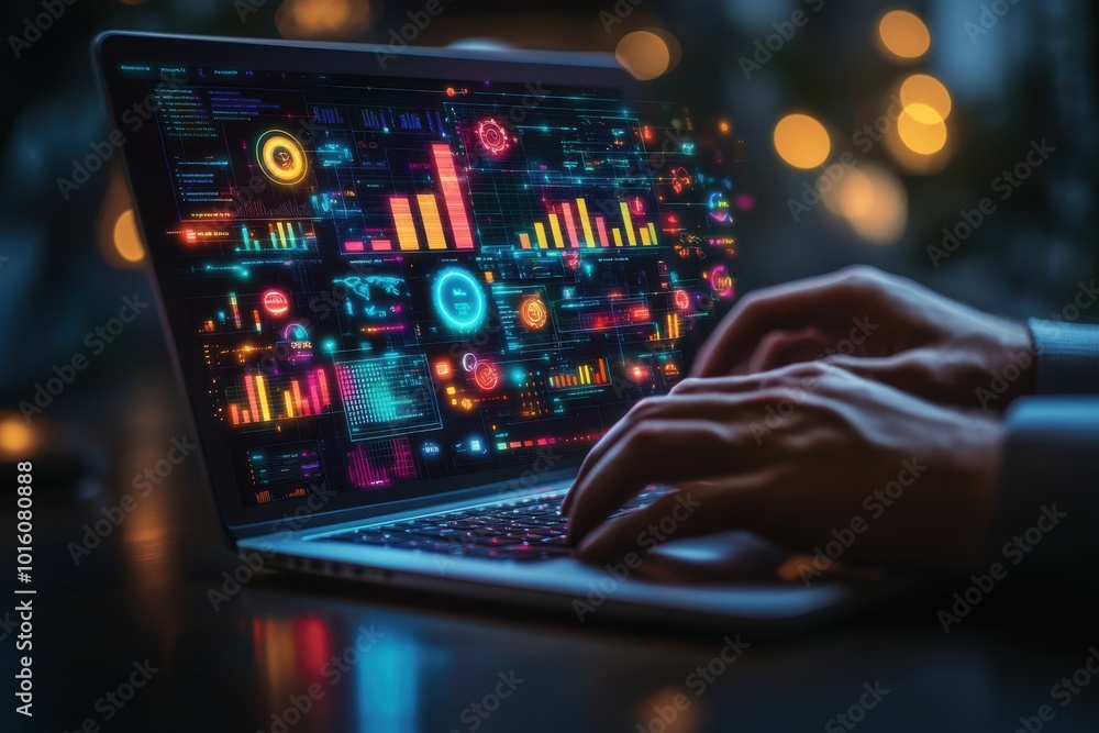A person is typing on a laptop with a colorful screen displaying various graphs A person is typing on a laptop with a colorful screen displaying various graphs