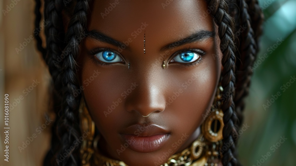 Powerful Portrait of a Black Woman with Braids, Blue Eyes, and Gold Jewelry Powerful Portrait of a Black Woman with Braids, Blue Eyes, and Gold Jewelry