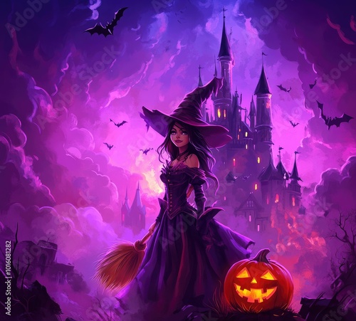 Halloween theme, colorful cartoon style, a beautiful witch with her broom and a pumpkin next to her is standing in front of an ancient castle against a background