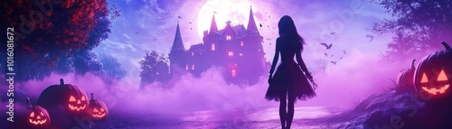 A mystical Halloween scene featuring a silhouette of a girl near glowing pumpkins with a haunted castle backdrop.