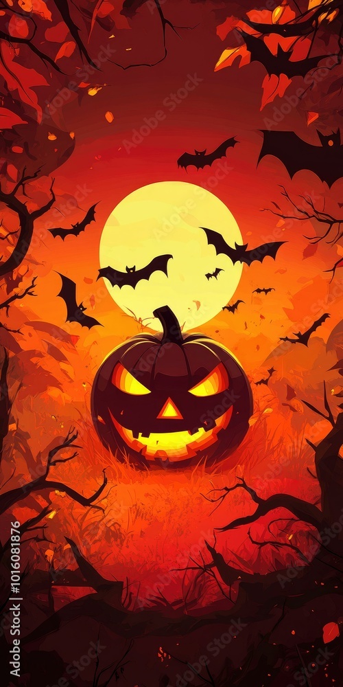 Halloween-themed, cartoon-style illustration featuring a spooky pumpkin in the center Halloween-themed, cartoon-style illustration featuring a spooky pumpkin in the center