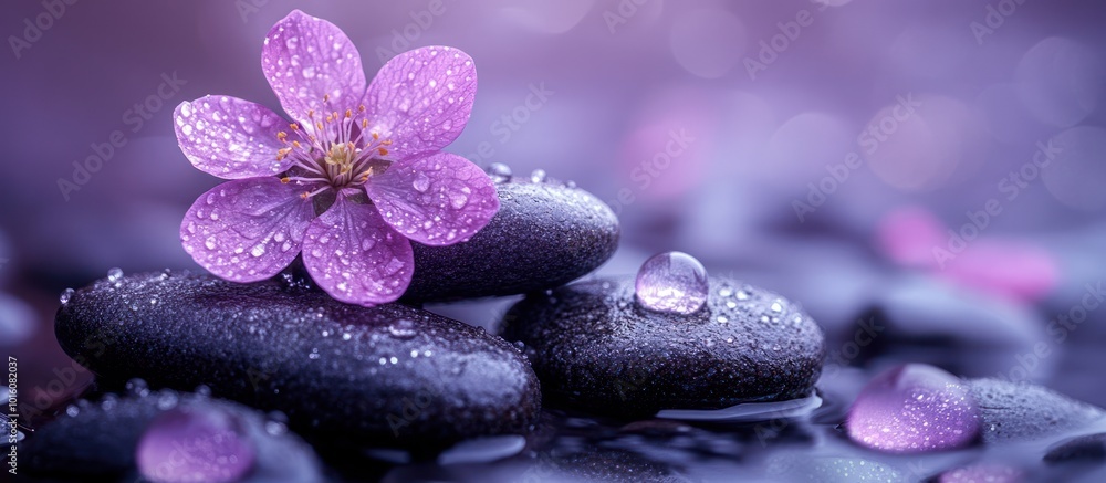 A pink flower rests on a stack of smooth, wet stones with water droplets. A pink flower rests on a stack of smooth, wet stones with water droplets.