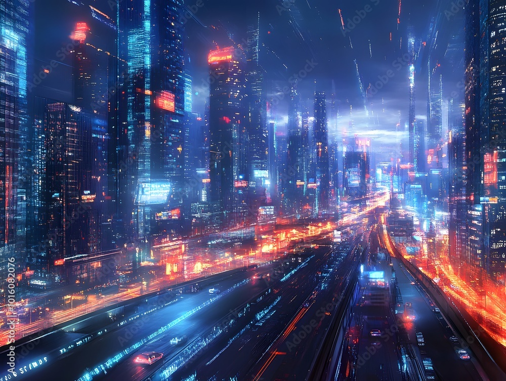 Futuristic cityscape with vibrant lights and dynamic movement. Futuristic cityscape with vibrant lights and dynamic movement.