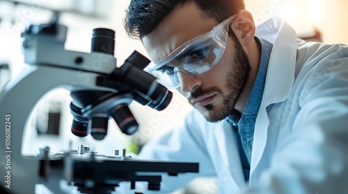 A Scientist Looking Through a Microscope in a Lab