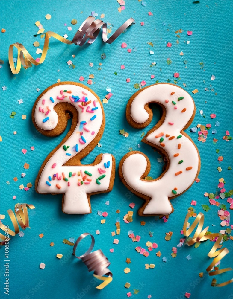 Decorated cookie, number 23, image for birthday or anniversary celebration Decorated cookie, number 23, image for birthday or anniversary celebration