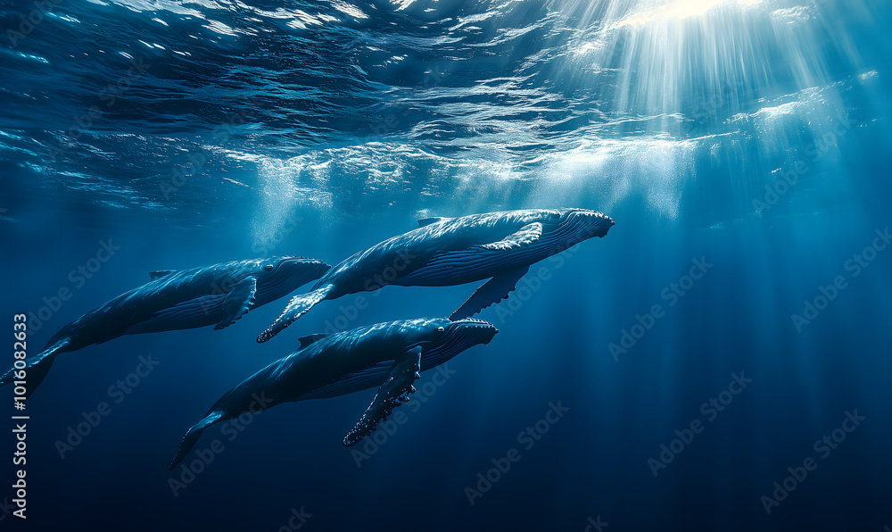 Humpback whales swim gracefully in the ocean, as sunlight filters through the seawater, creating a majestic scene. Wildlife, Generative ai Humpback whales swim gracefully in the ocean, as sunlight filters through the seawater, creating a majestic scene. Wildlife, Generative ai