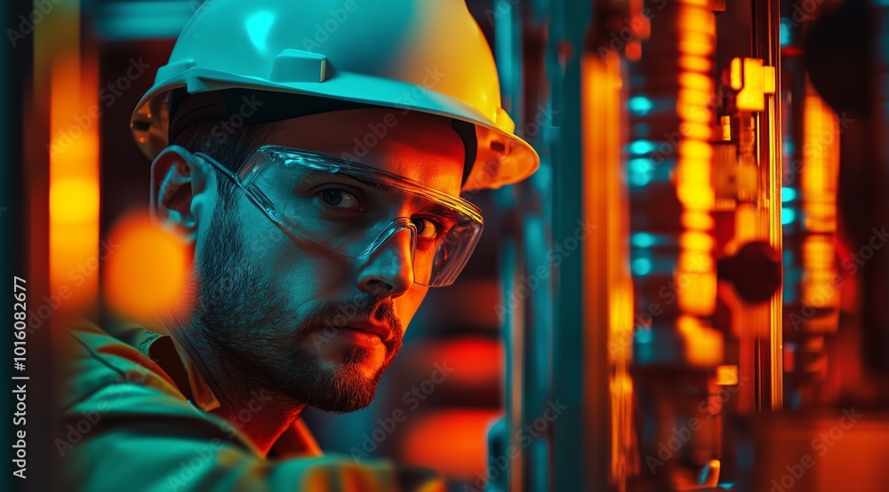 Portrait of Male Factory Worker Wearing Helmet and Safety Glasses Operating Industrial Machinery in Vibrant, Well-Lit Factory Environment Portrait of Male Factory Worker Wearing Helmet and Safety Glasses Operating Industrial Machinery in Vibrant, Well-Lit Factory Environment