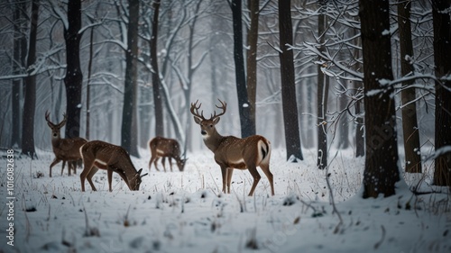 A herd of deer graze in a snowy forest.