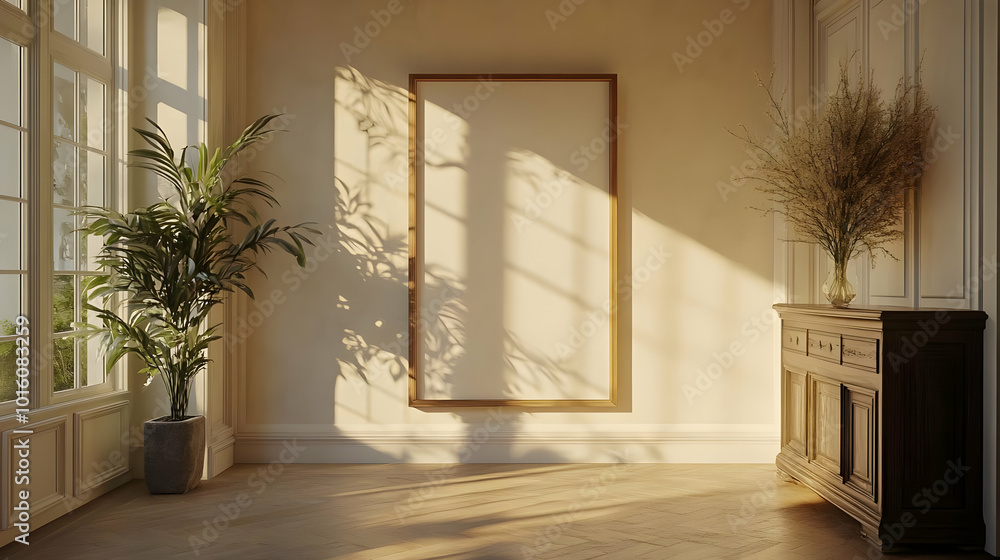 Fototapeta premium Golden Frame Mockup in a Sunlit Room 3D Illustration