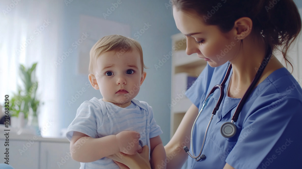 A concerned baby with doctor in clinic wearing stethoscope. A concerned baby with doctor in clinic wearing stethoscope.