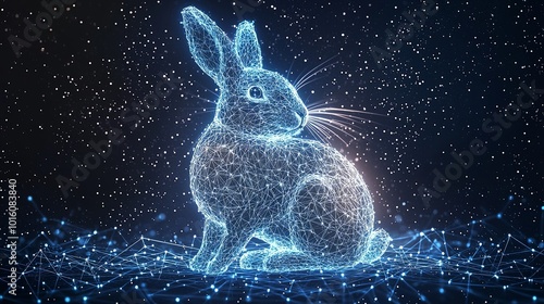 A serene rabbit shape sculpted from glowing digital links, set against a luminous cosmic backdrop, symbolizing connectedness and futuristic possibilities. photo