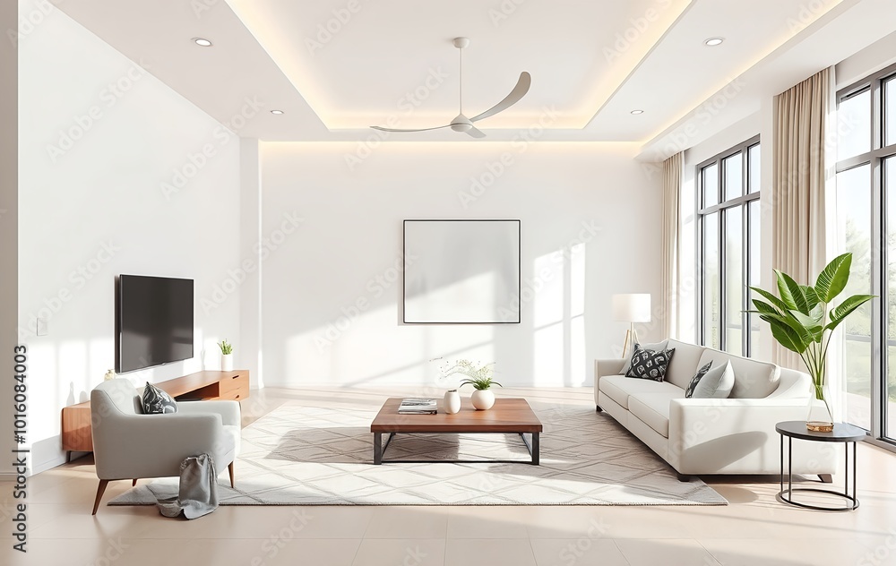 Elegant Lounge with a Sofa, Rustic Bench, and Modern Floor Lamp Elegant Lounge with a Sofa, Rustic Bench, and Modern Floor Lamp