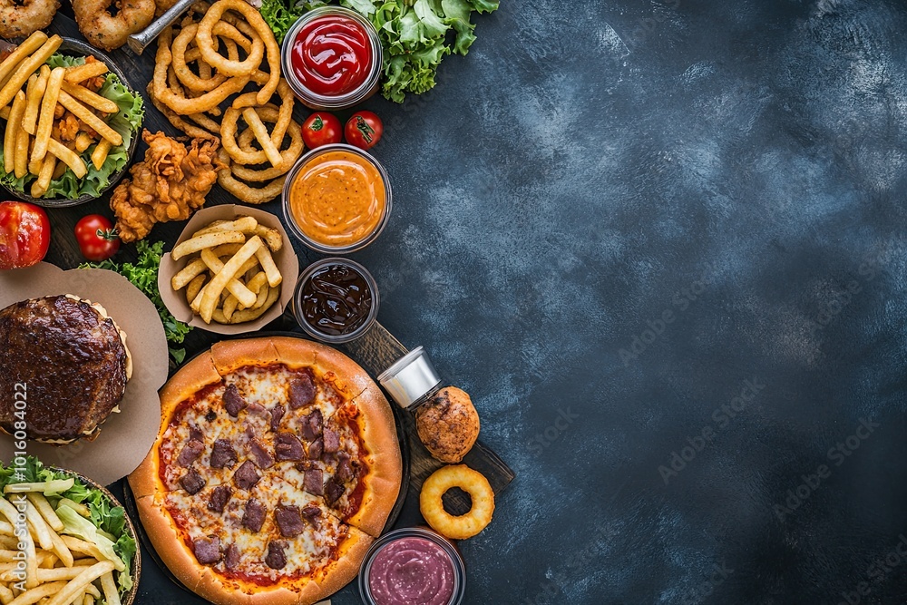 Large table with a variety of takeaway food such as pizza, fries, onion rings, burgers and snacks on a dark background