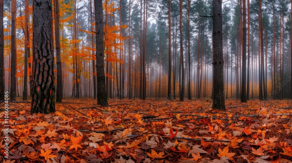 A Foggy Autumn Forest with Fallen Leaves A Foggy Autumn Forest with Fallen Leaves