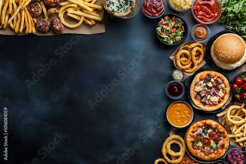 Large table with a variety of takeaway food such as pizza, fries, onion rings, burgers and snacks on a dark background