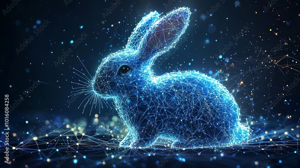 A rabbit constructed from neon lines illuminates the night, merging art and technology against a galaxy-inspired background, embodying a cosmic digital era. A rabbit constructed from neon lines illuminates the night, merging art and technology against a galaxy-inspired background, embodying a cosmic digital era.