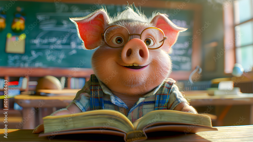 Pig reading a book at school classroom, back to school concept Pig reading a book at school classroom, back to school concept