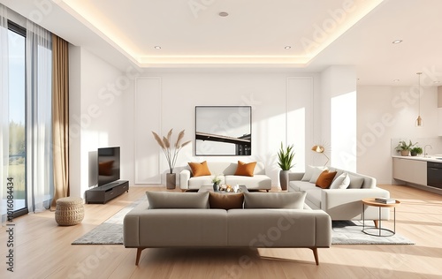 Modern Lounge Setting with a Comfortable Sofa, Stylish Bench, and Floor Lamp