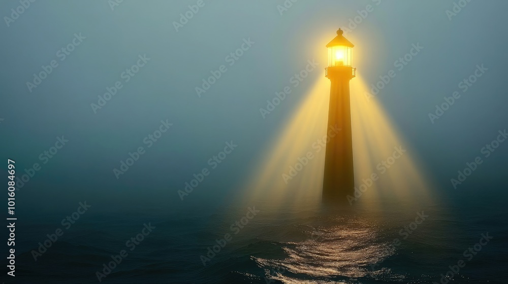 Fototapeta premium Misty Lighthouse Shining Through Dense Fog