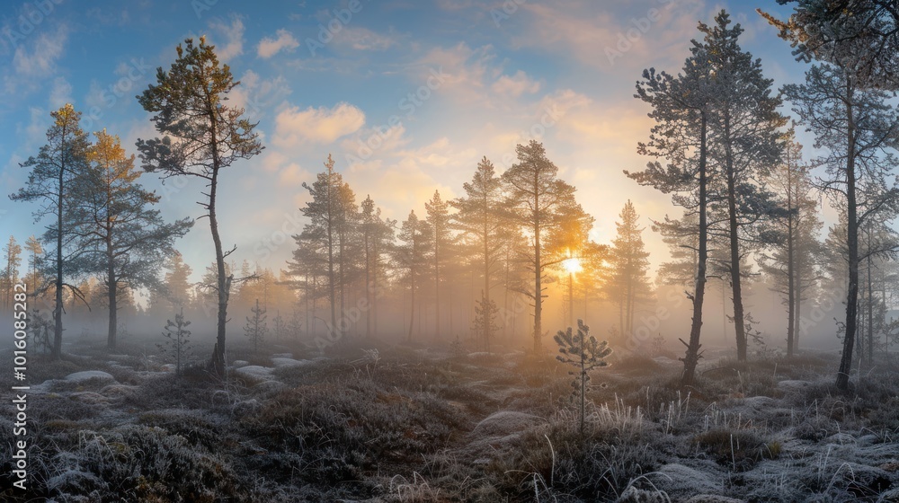 Sunrise Through Foggy Pine Forest with Frosty Ground Sunrise Through Foggy Pine Forest with Frosty Ground