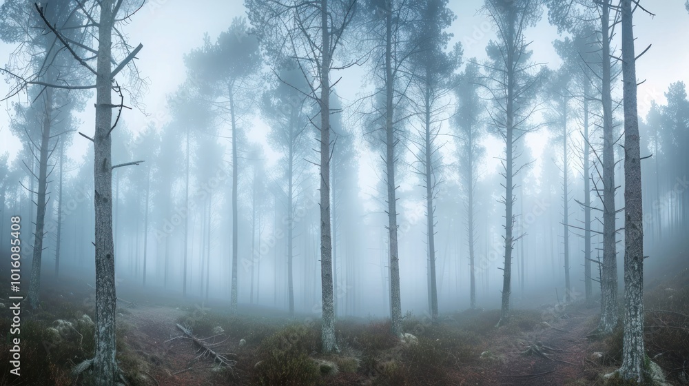 Obraz premium A misty forest path disappearing into a dense woodland