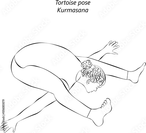 Sketch of young woman practicing Kurmasana yoga pose. Tortoise pose. Intermediate Difficulty. Isolated vector illustration.