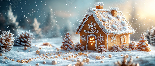 Lebkuchenhaus mit Zuckerguss in der Winterlandschaft photo