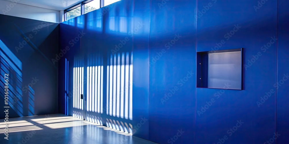 Obraz premium A modern blue room with sunlight streaming through windows.