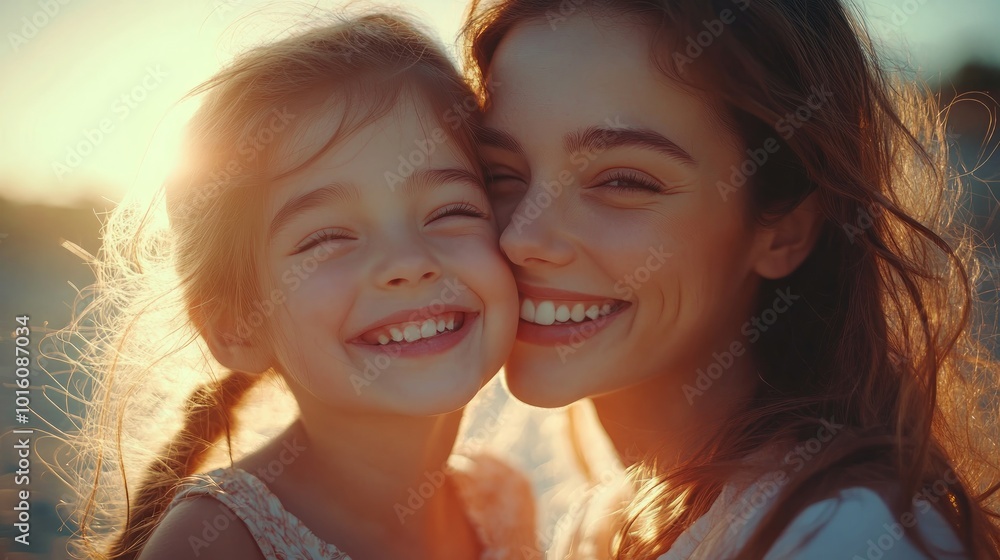 Happy mother and daughter smiling at the camera, close-up portrait. Happy mother and daughter smiling at the camera, close-up portrait.
