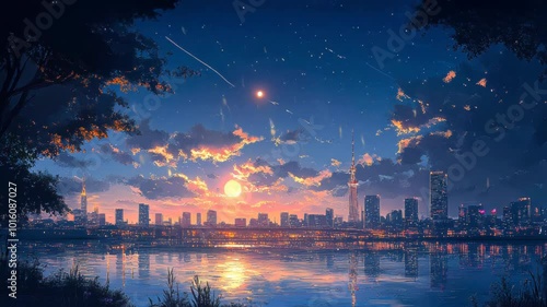 Anime Night City Skyline with Stars, Moon, Water Reflection, and High-Rise Buildings - Captivating Urban Anime Scene in Beautiful Nighttime Setting