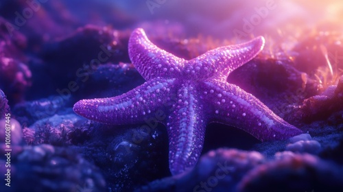 A detailed shot of purple starfish resting on the ocean floor, with intricate textures and vibrant colors illuminated by sunlight.