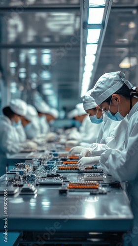 Technicians in protective gear focus on assembling electronics in a large, well-lit factory